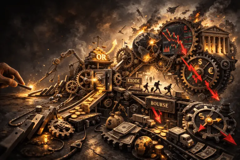 Illustration d’un mécanisme complexe de rouages en réaction en chaîne symbolisant l’impact d’un conflit armé sur la bourse, l’or, les marchés financiers et l’économie mondiale