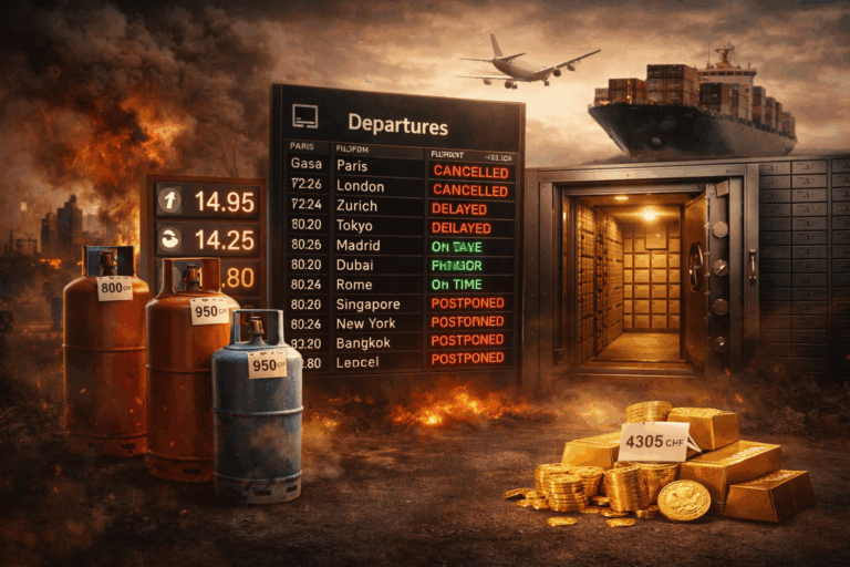 Scène illustrant une crise économique avec hausse du prix du gaz, vols annulés sur panneau d’aéroport, navire de transport perturbé et quelques pièces d’or stockées en coffre sécurisé à Genève