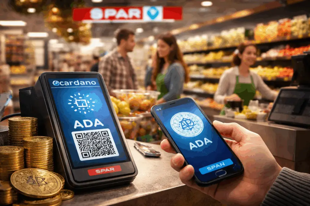 Paiement en cryptomonnaie ADA de Cardano dans un supermarché SPAR en Suisse via smartphone et QR code