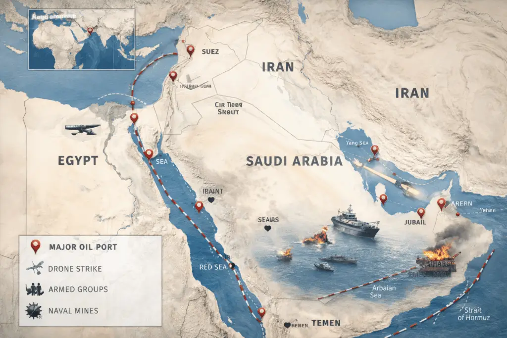 Carte analytique des risques maritimes autour du canal de Suez, de la mer Rouge et du détroit d’Ormuz, montrant routes pétrolières, ports majeurs et zones de menaces en 2026.