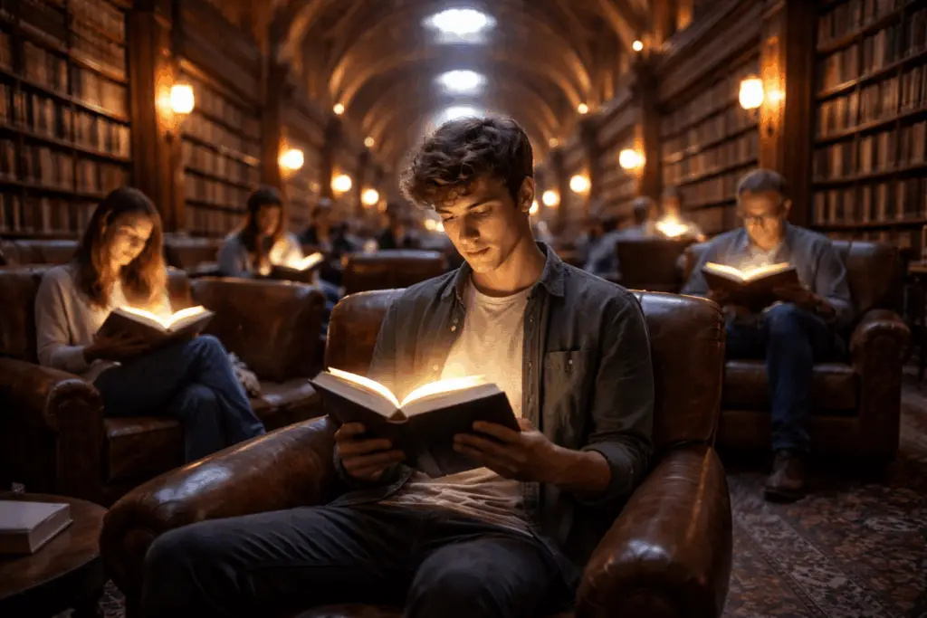 jeunes lecteurs dans une grande bibliothèque lisant des livres de finance et d’économie avec lumière douce sur le visage