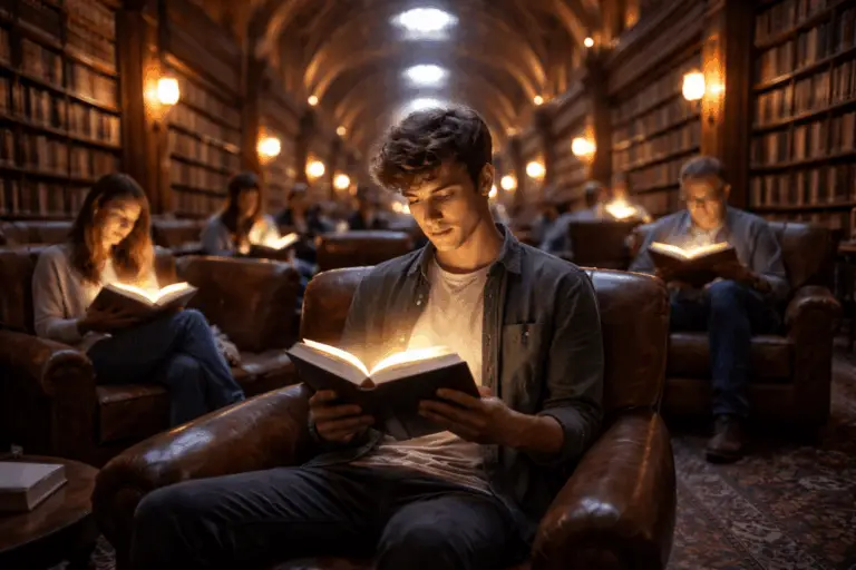 jeunes lecteurs dans une grande bibliothèque lisant des livres de finance et d’économie avec lumière douce sur le visage