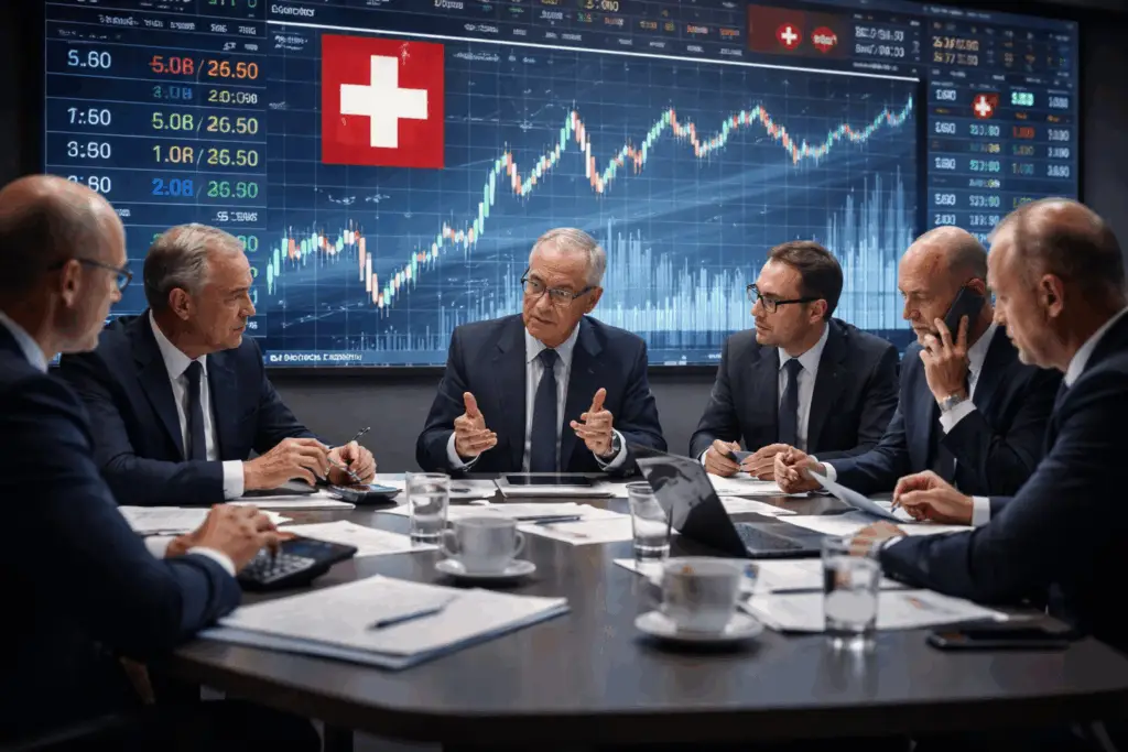Responsables financiers suisses réunis autour d’une table de réunion analysant des graphiques économiques et des données sur le franc suisse et l’euro affichés sur un grand écran.