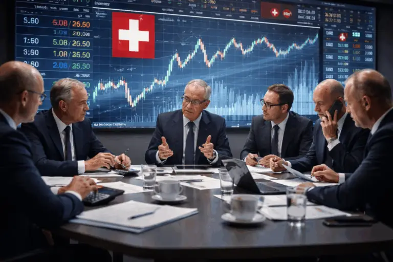 Responsables financiers suisses réunis autour d’une table de réunion analysant des graphiques économiques et des données sur le franc suisse et l’euro affichés sur un grand écran.