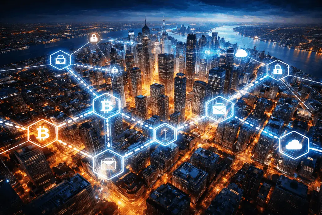 Vue aérienne d’une ville connectée illustrant la finance numérique, la blockchain et les réseaux bancaires en 2026