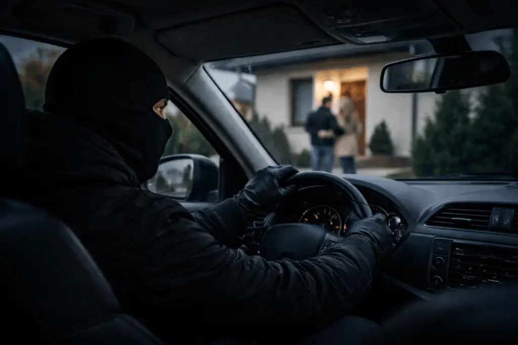 Homme cagoulé dans une voiture surveillant un couple entrant dans un pavillon avant un cambriolage ciblant des détenteurs de cryptomonnaies
