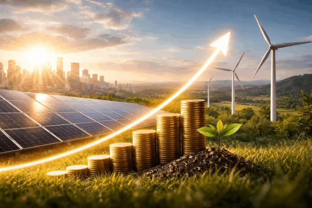 energie renouvelable avec panneaux solaires et eoliennes illustrant la croissance economique et la stabilite des marches financiers