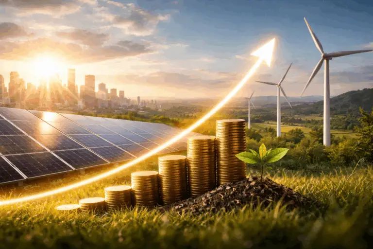 energie renouvelable avec panneaux solaires et eoliennes illustrant la croissance economique et la stabilite des marches financiers
