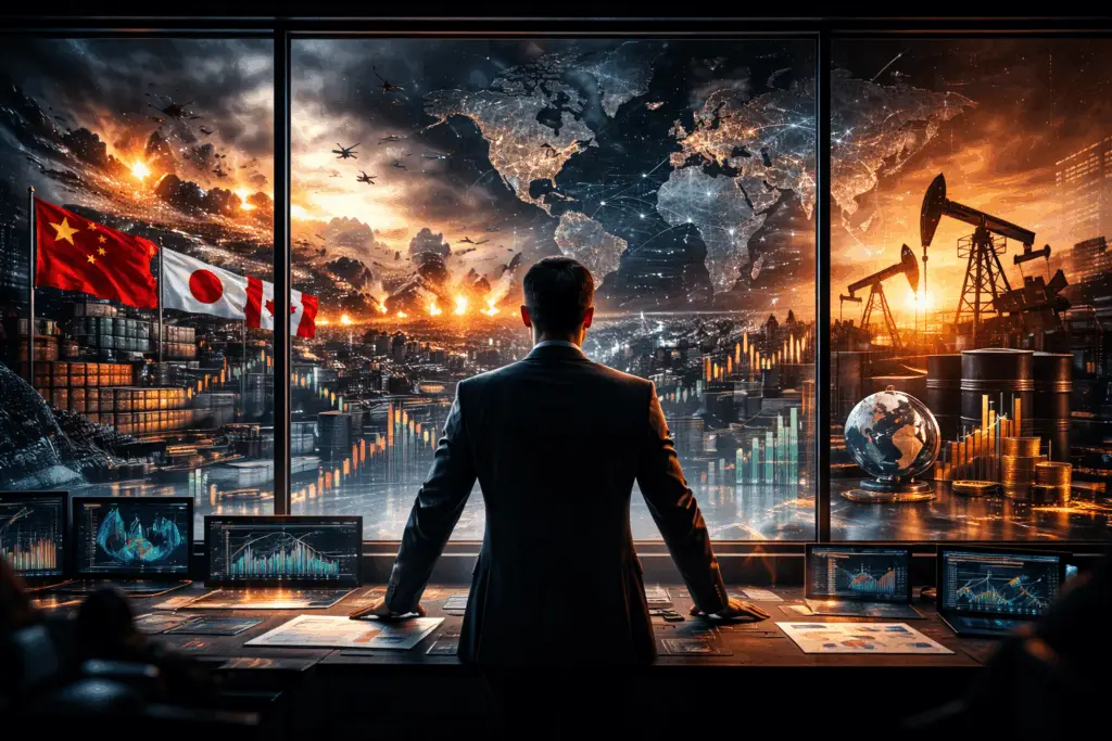 Homme observant un conflit mondial pendant que des stratégies économiques, alliances internationales et marchés financiers se mettent en place en arrière-plan