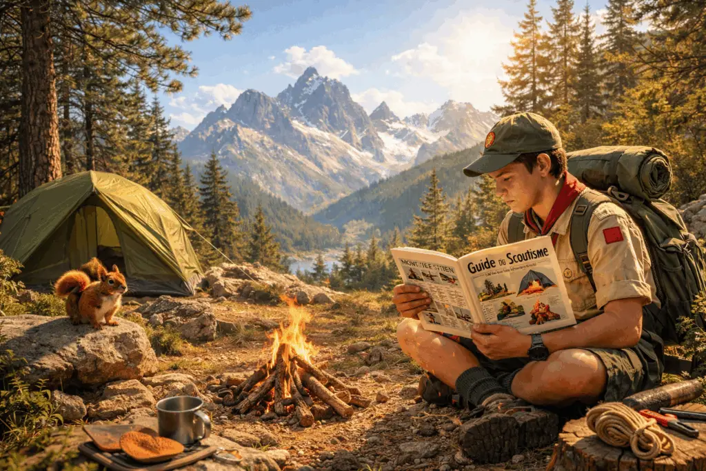 Jeune scout installant son camp en montagne suisse en suivant un guide de survie, forêt méditerranéenne ensoleillée avec tente et feu de camp