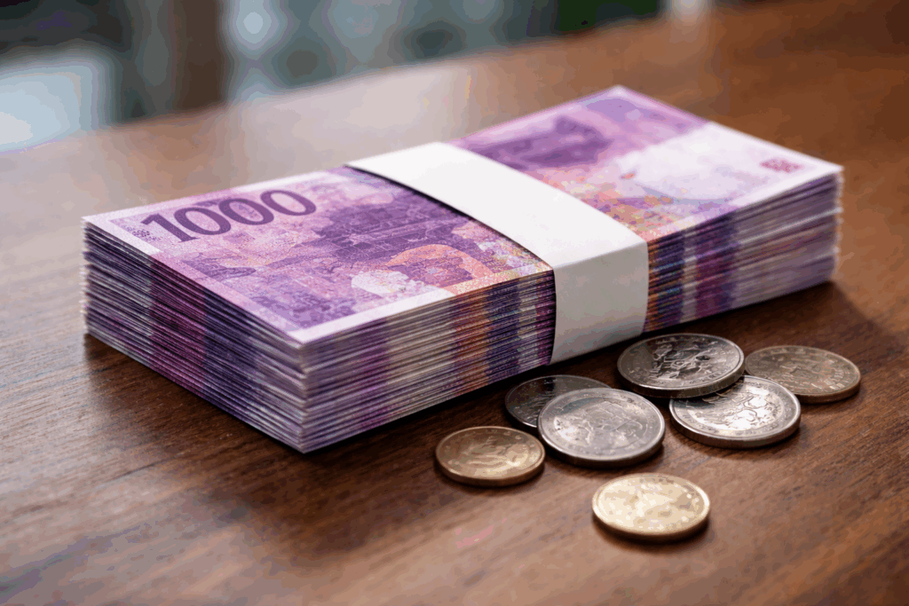 Liasse de billets de 1000 francs suisses avec pièces en francs suisses sur une table