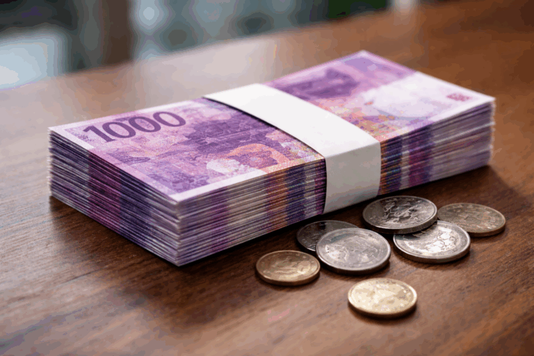 Liasse de billets de 1000 francs suisses avec pièces en francs suisses sur une table