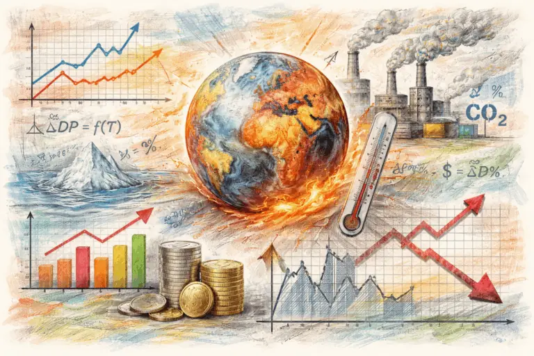 Illustration réaliste de données économiques et climatiques montrant l’impact du réchauffement climatique sur la croissance mondiale avec graphiques et globe terrestre