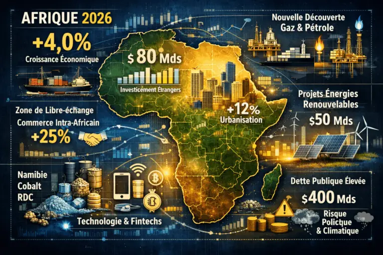 Infographie du continent africain en 2026 montrant la croissance économique, les investissements étrangers de 80 milliards USD, les nouvelles découvertes de gaz et pétrole, les projets d’énergies renouvelables de 50 milliards USD, l’urbanisation à +12%, le commerce intra-africain à +25%, la technologie et fintechs, et les risques liés à la dette publique et au climat.