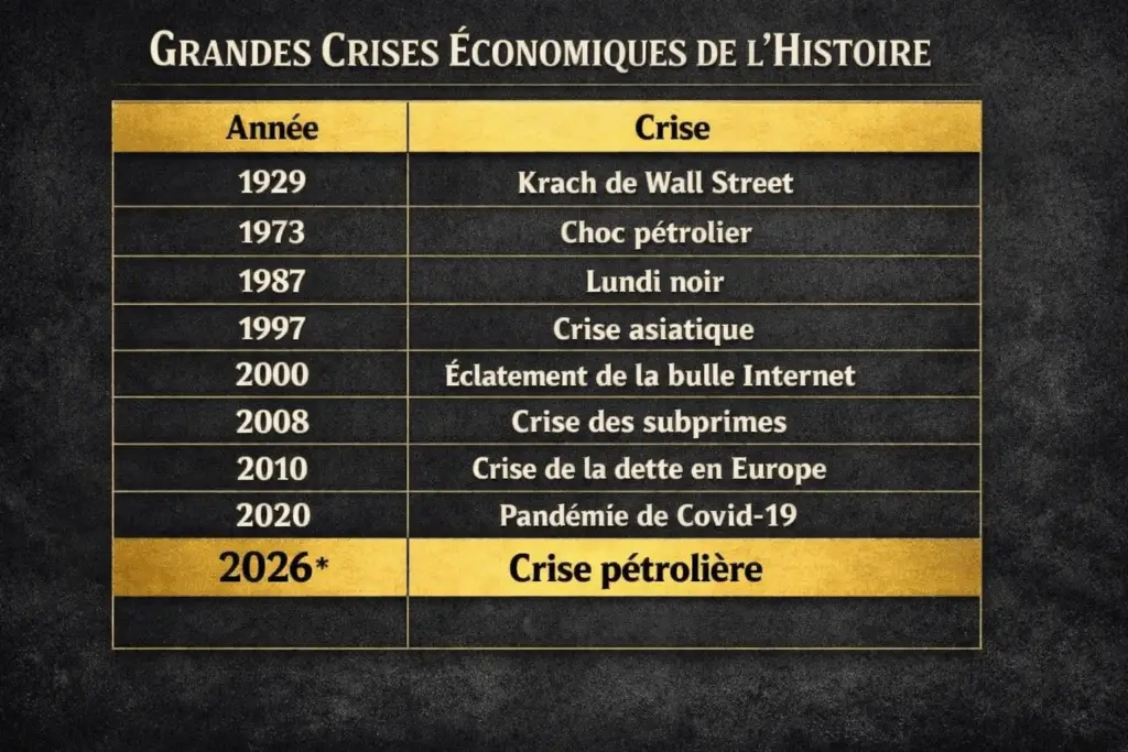 tableau des grandes crises economiques mondiales depuis 1929 avec mise en avant de la crise petroliere 2026