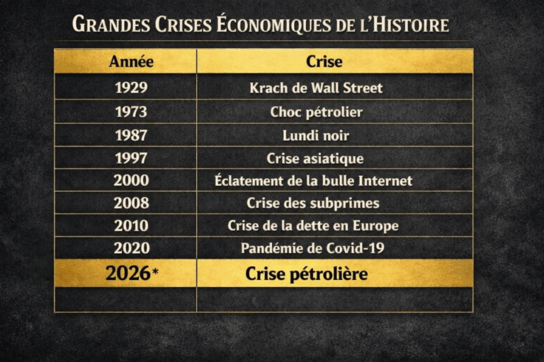 tableau des grandes crises economiques mondiales depuis 1929 avec mise en avant de la crise petroliere 2026