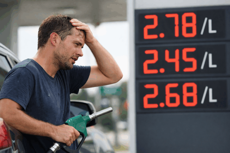Homme faisant le plein à une station essence en regardant les prix élevés affichés sur le panneau carburant