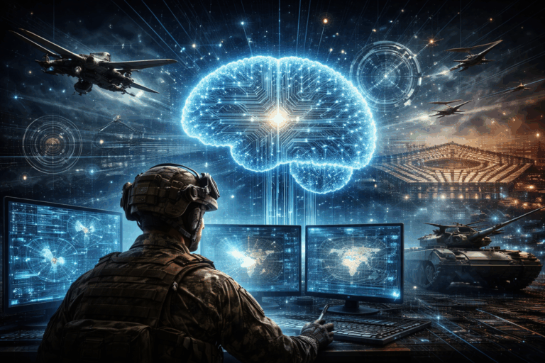 Illustration futuriste montrant un cerveau numérique connecté à des systèmes militaires, drones et centre de commandement, représentant l’intelligence artificielle appliquée à la défense