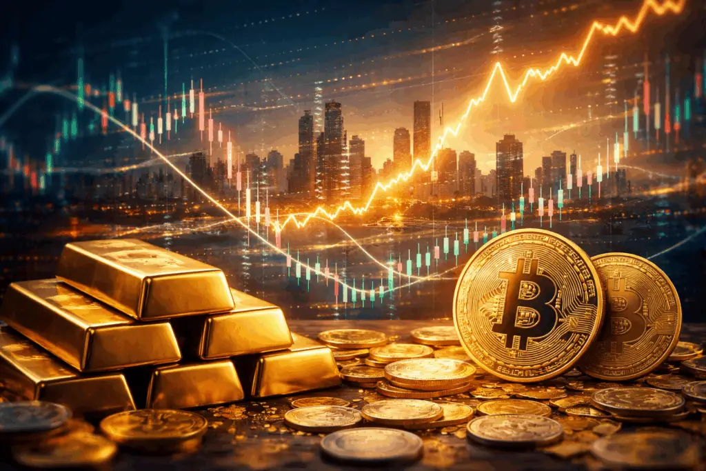 Illustration paysage montrant des lingots d'or et des pièces de Bitcoin avec graphique financier et skyline en arrière-plan, reflétant la volatilité des marchés des métaux précieux, bourse et cryptomonnaies