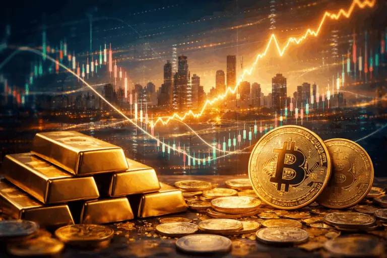 Illustration paysage montrant des lingots d'or et des pièces de Bitcoin avec graphique financier et skyline en arrière-plan, reflétant la volatilité des marchés des métaux précieux, bourse et cryptomonnaies