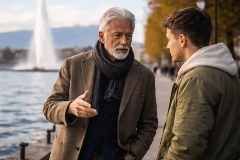 Vieux homme expliquant un concept à un jeune homme à Genève, mentorat et transmission de savoir en contexte urbain