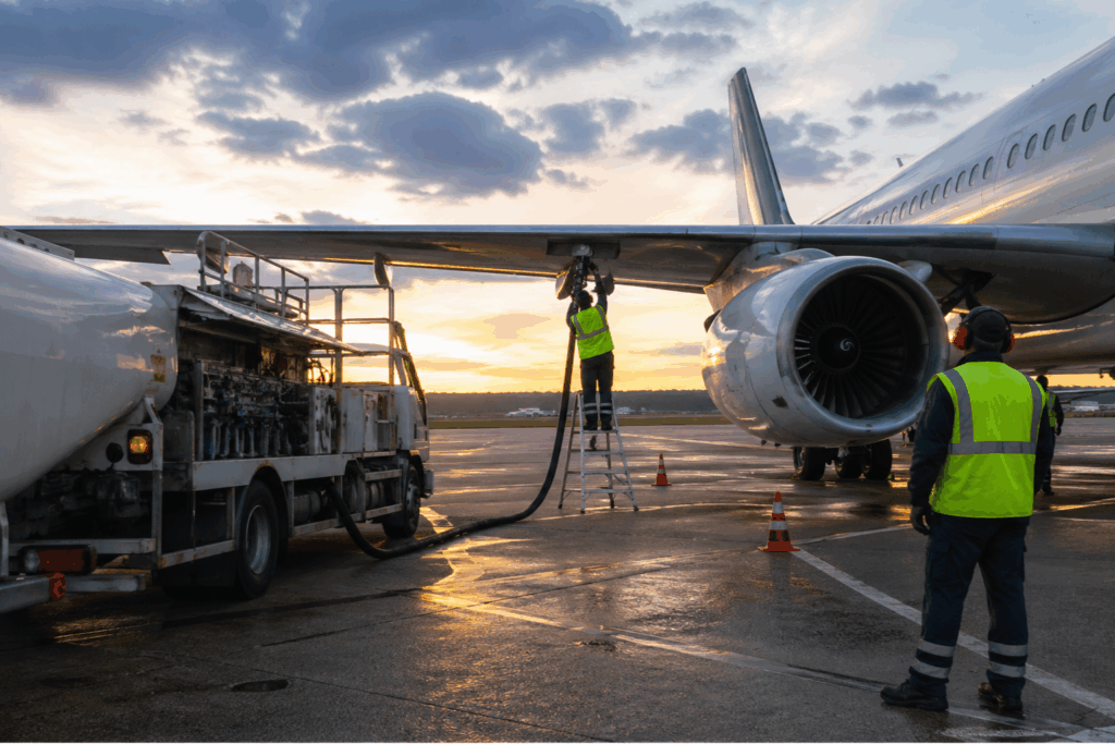 Avion en ravitaillement en kérosène sur un tarmac avec équipe au sol et camion citerne