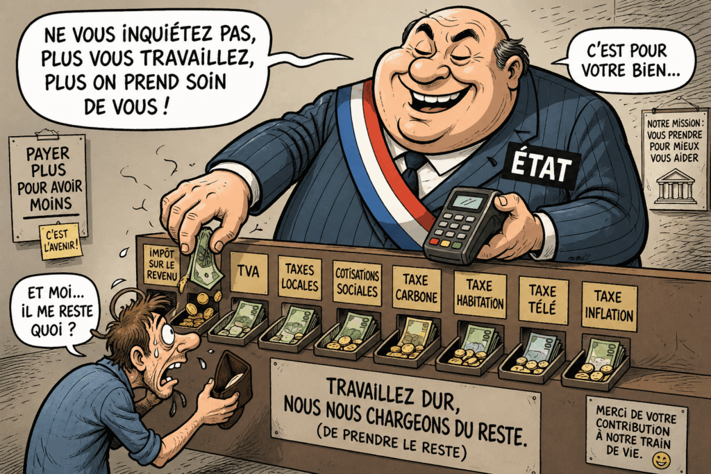 dessin cartoon satirique d’un gouvernement qui prélève de multiples taxes sur un citoyen avec des étiquettes impôt tva cotisations sociales
