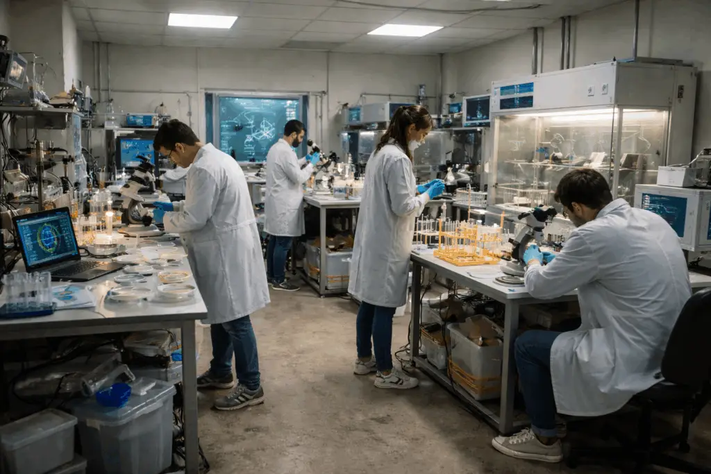 Laboratoire de biohacking semi professionnel avec tests génétiques réalisés par des techniciens en tenue incomplète dans un environnement hors normes strictes