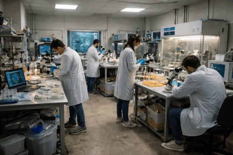 Laboratoire de biohacking semi professionnel avec tests génétiques réalisés par des techniciens en tenue incomplète dans un environnement hors normes strictes