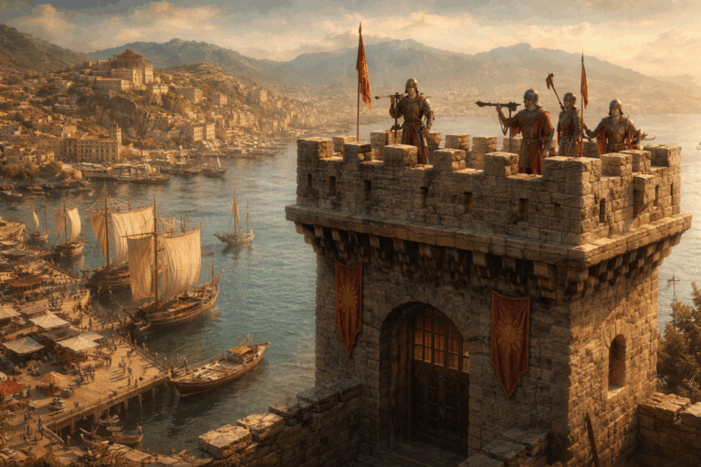 Tour de surveillance médiévale de type mirador avec gardes observant un port commercial sécurisé inspiré de Genève
