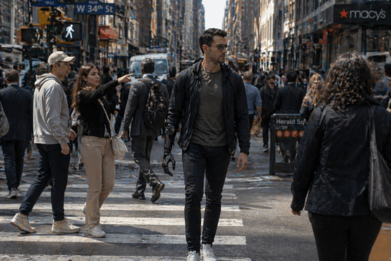 Homme avec main robotique augmentée marchant dans une rue fréquentée de New York pendant que des passants observent la prothèse mécanique