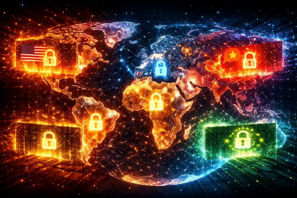 Carte du monde illustrant la fragmentation d’internet en blocs régionaux avec contrôles numériques en Europe, États-Unis, Chine et Afrique