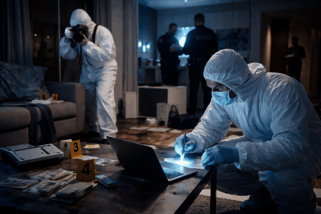 Police scientifique relevant des indices dans un appartement après un enlèvement lié aux cryptomonnaies