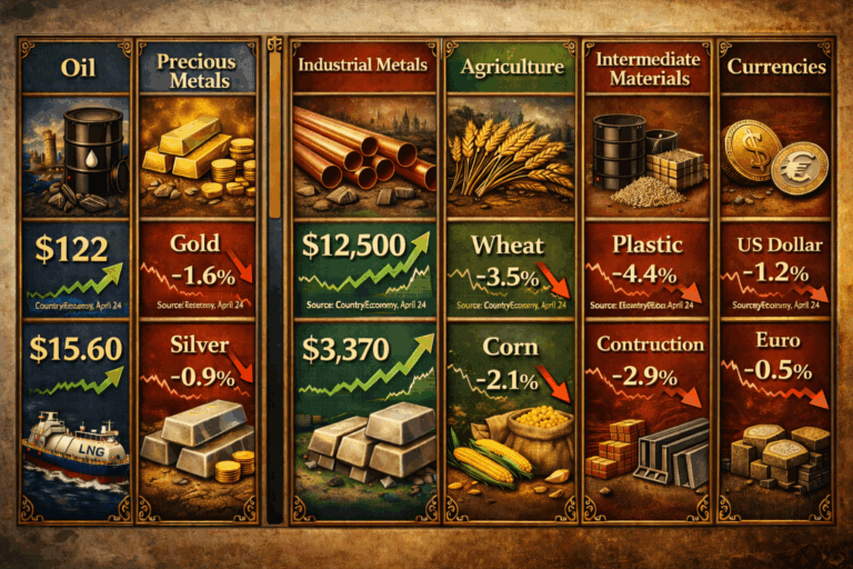 Infographie marché des matières premières 2026 avec pétrole gaz or argent cuivre blé maïs aluminium et variations de prix par catégorie énergie métaux agriculture