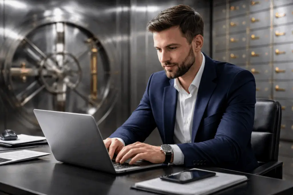 Homme serein travaillant sur ordinateur portable dans une salle des coffres sécurisée à Genève avec environnement professionnel discret