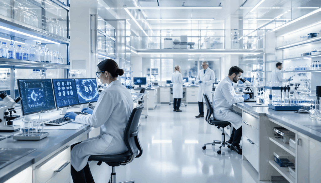 laboratoire médical moderne intelligence artificielle chercheurs ordinateurs recherche médicale ia diagnostic santé