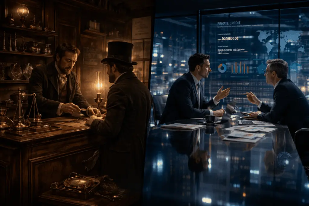 "Cette image illustre l'évolution du crédit privé entre 1810 et 2026. Elle montre comment l'âge et les conditions d'accès au crédit ont changé au fil du temps, mettant en évidence les différences dans les pratiques financières, les taux d'intérêt et l'accessibilité des prêts aux particuliers."