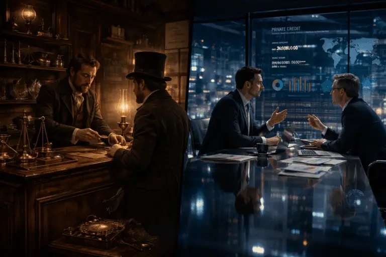 "Cette image illustre l'évolution du crédit privé entre 1810 et 2026. Elle montre comment l'âge et les conditions d'accès au crédit ont changé au fil du temps, mettant en évidence les différences dans les pratiques financières, les taux d'intérêt et l'accessibilité des prêts aux particuliers."