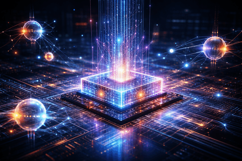 Illustration d’un processeur quantique futuriste avec qubits lumineux représentant la révolution de l’informatique quantique