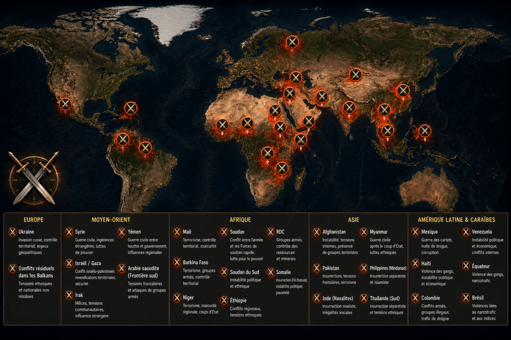 Carte mondiale des conflits actifs en 2026 avec points précis et icônes d’épées sur les zones de guerre majeures