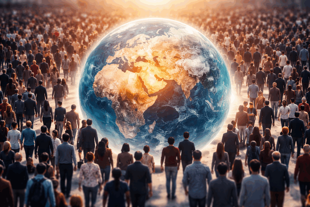 population mondiale se déplaçant autour d'un globe illustrant le basculement démographique mondial