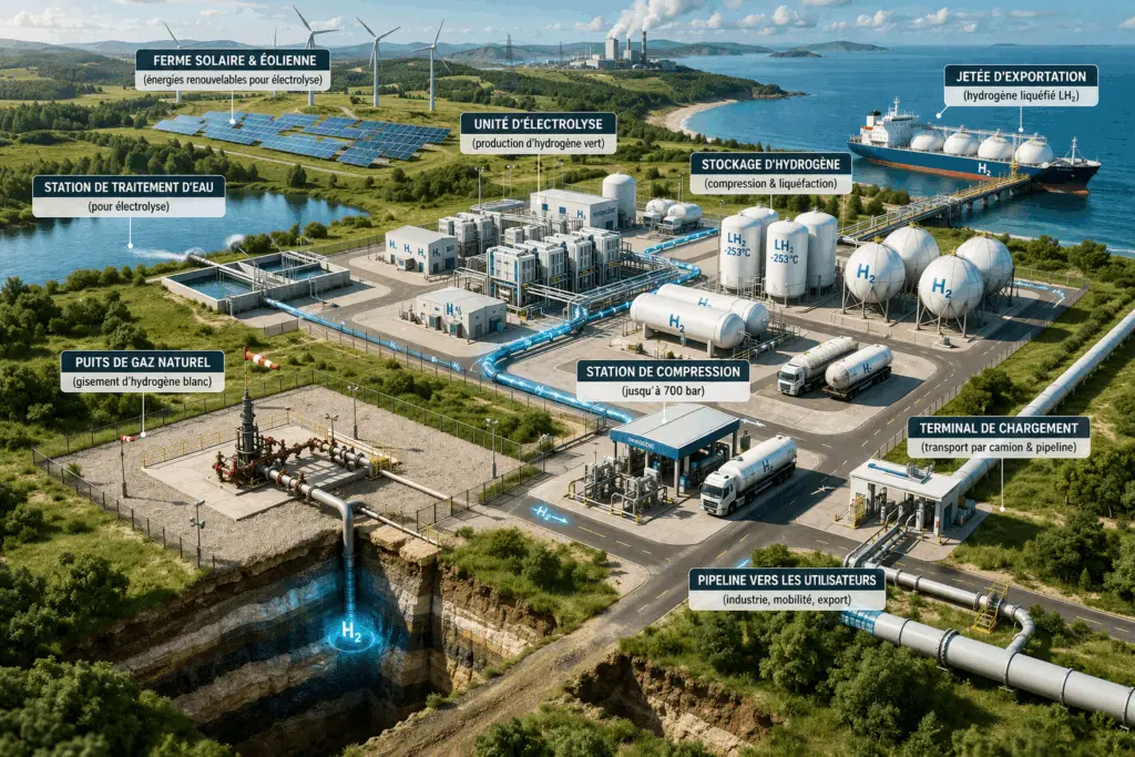 Vue aérienne d'une installation d'hydrogène vert avec ferme solaire et éolienne, unité d'électrolyse, station de traitement d'eau, puits de gaz naturel, stockage d'hydrogène, station de compression, terminal de chargement et pipeline vers les utilisateurs et exportation maritime.