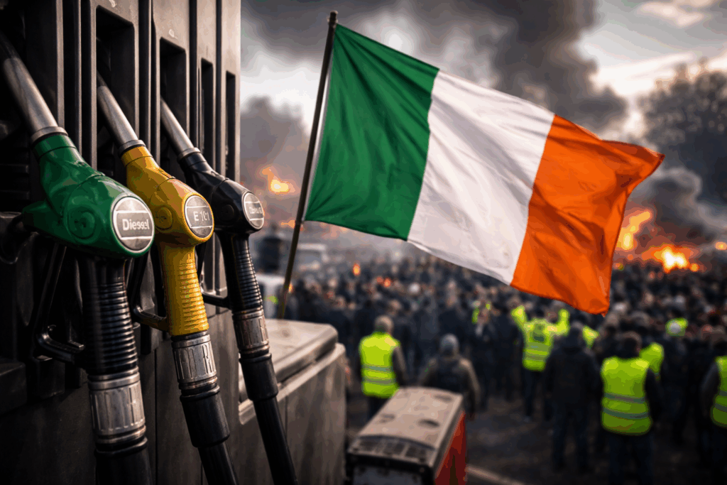 Manifestation en Irlande contre la hausse du carburant avec pompes à essence et drapeau irlandais