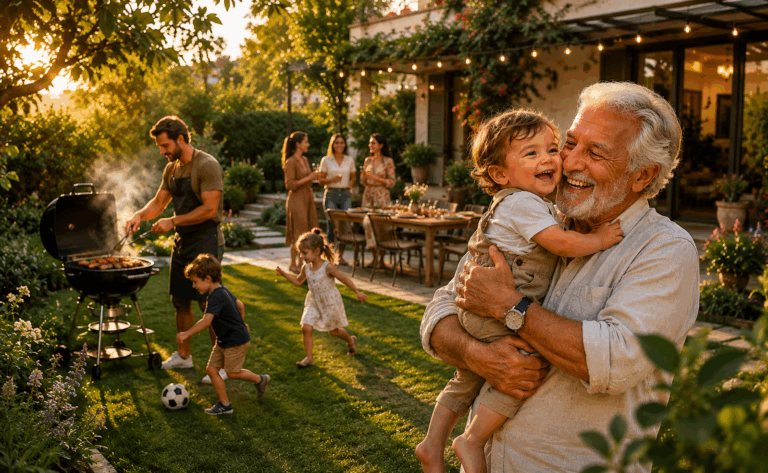 Grand-père heureux tenant son petit-fils dans les bras lors d’un repas de famille dans un grand jardin au coucher du soleil