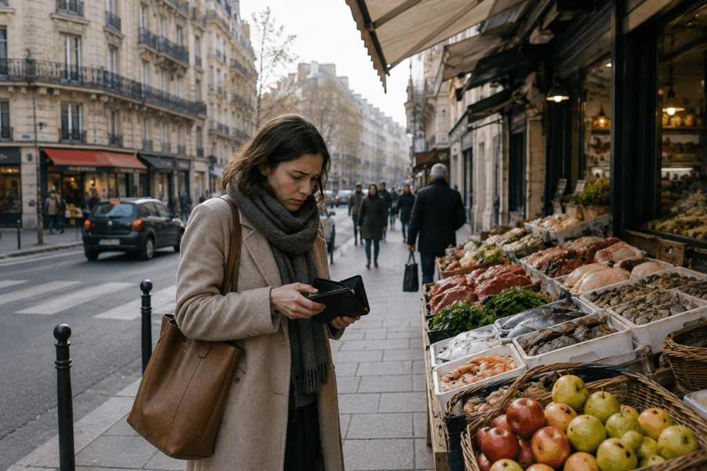 Femme regardant son portefeuille vide sur un marché parisien illustrant la baisse du pouvoir d’achat