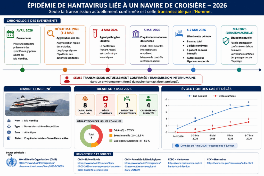 Infographie montrant la chronologie des hantavirus de 1993 à 2026 incluant HPS, Andes virus, cas humains et épidémie sur navire de croisière
