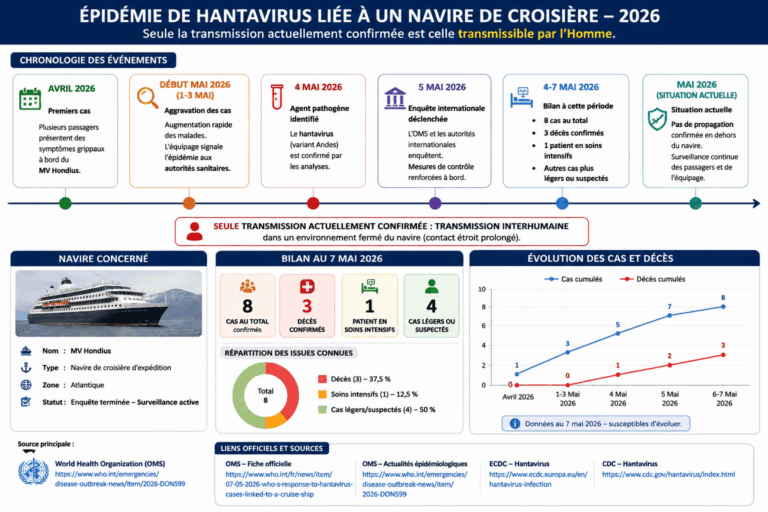 Infographie montrant la chronologie des hantavirus de 1993 à 2026 incluant HPS, Andes virus, cas humains et épidémie sur navire de croisière