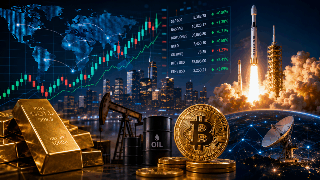 Marchés financiers mondiaux avec Bitcoin or pétrole et SpaceX