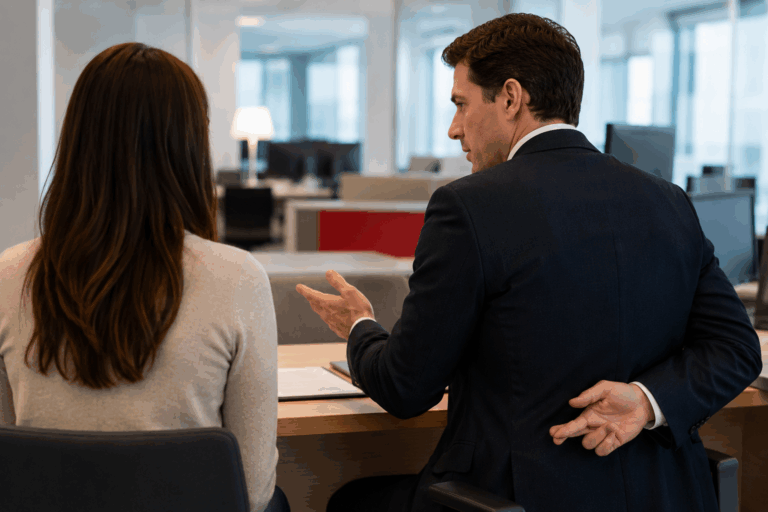Un conseiller bancaire discute avec une cliente dans une agence moderne tout en cachant des doigts croisés derrière son dos, symbole de manque de transparence.