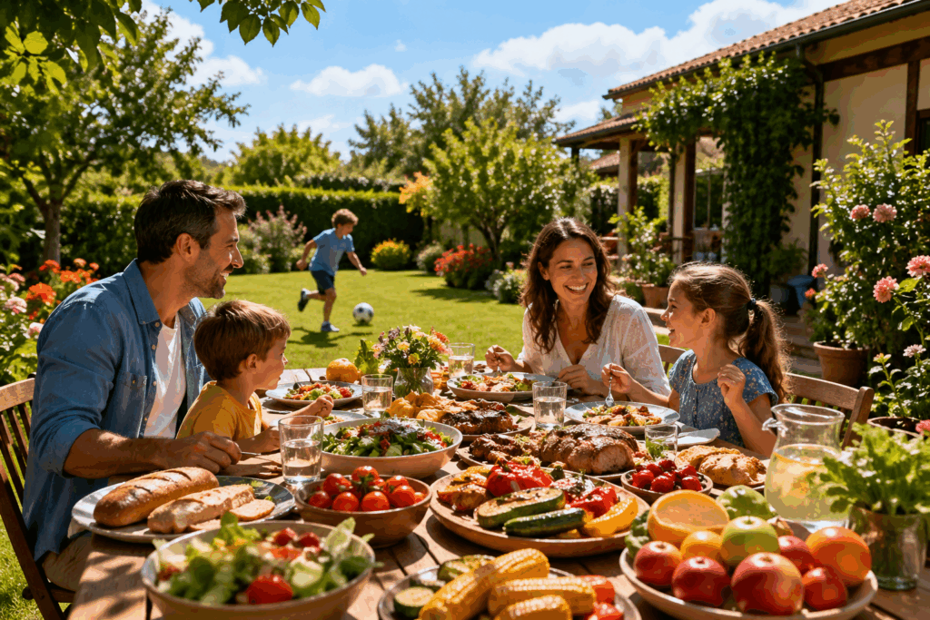 Famille heureuse mangeant un repas sain dans un jardin ensoleillé avec fruits, légumes et viande sur une table colorée